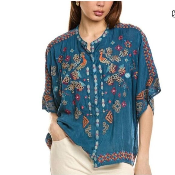 Johnny Was Top Womens M Blue Brony Embroidered Blouse Peacock Boho - Picture 3 of 11
